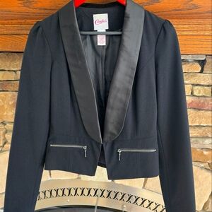 Candie's S Black Blazer Satin Lapel, 2 Silver Zippers, Pleated Sleaves, Back Bow